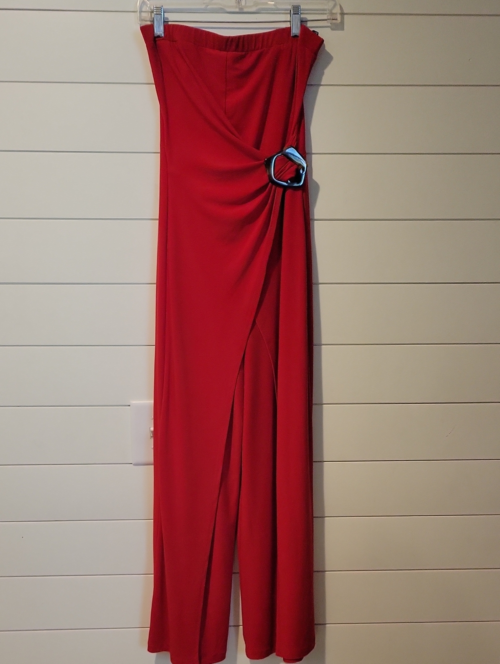 Joseph Ribkoff Strapless Culotte Jumpsuit With Faux Tortoise Buckle Radiant Red